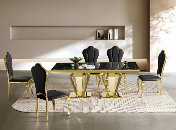 Black Marble & Gold Stainless Steel Dining Table