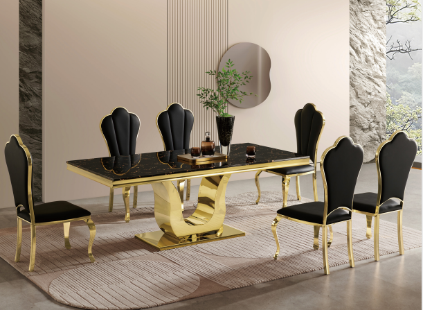 Esstisch aus schwarzem Marmor und goldfarbenem Edelstahl