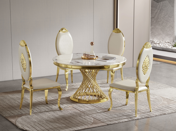 Eleganter runder Esstisch aus Marmor und Gold – moderner Luxusstil