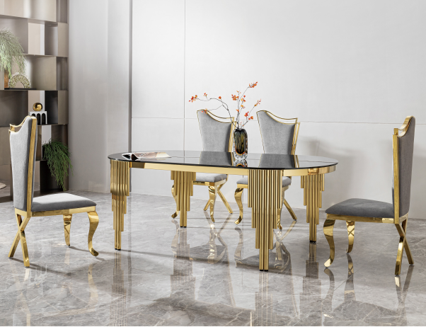 Modern Black Glass & Gold Dining Table - Contemporary Rectangular Design
