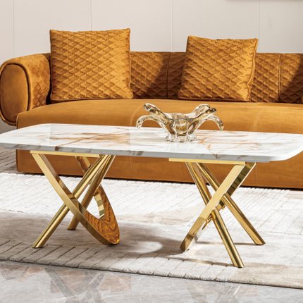 Table basse moderne blanche et dorée - Élégante pièce maîtresse pour le salon