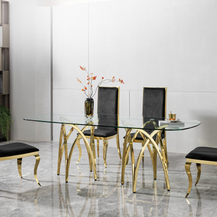 Modern Black Glass & Gold Dining Table - Elegant Rectangular Design