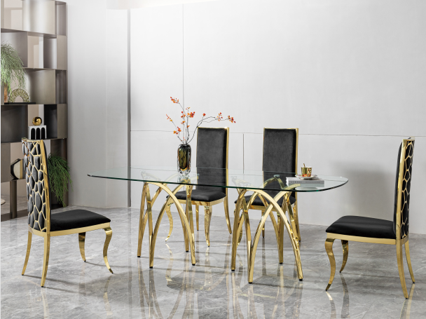 Modern Black Glass & Gold Dining Table - Elegant Rectangular Design