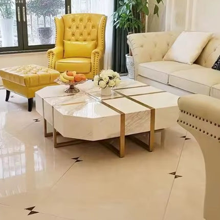 Modern Luxury Marble Coffee Table with Stainless Steel Base – Geometric Center Table for Living Room