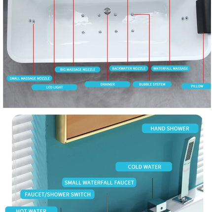 Freestanding Bathtub Jacuzzi Single with Led Lights and Bubble -Massage Tub Waterfall 100% Pure Acrylic