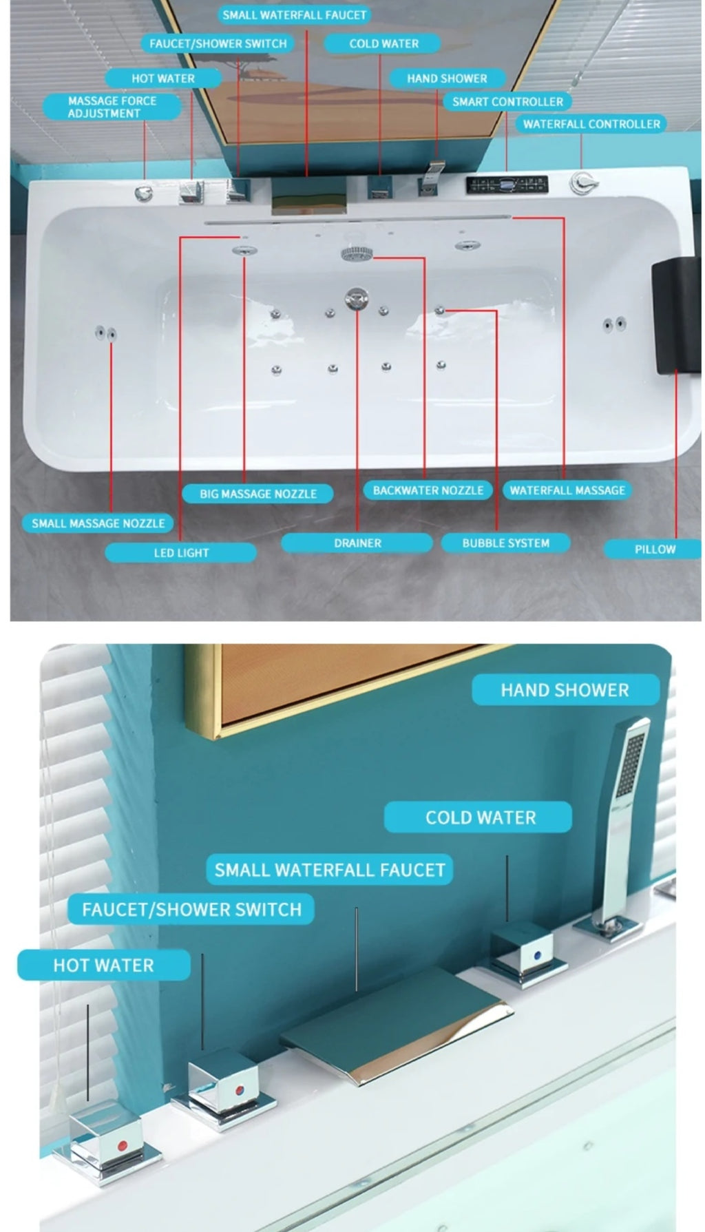 Freestanding Bathtub Jacuzzi Single with Led Lights and Bubble -Massage Tub Waterfall 100% Pure Acrylic