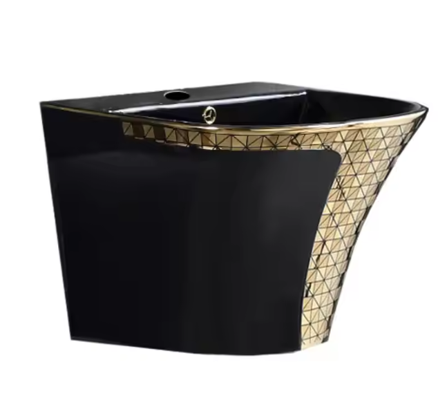 Black and Gold Hanging Basin Sink Wall Luxury Modern Style Porcelain Electroplated