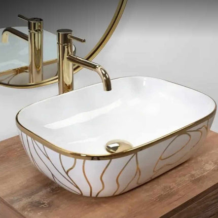 White Gold Square Porcelain Tabletop Wash Basin with Delicate Gold Vein Pattern, and Sleek Gold Trim