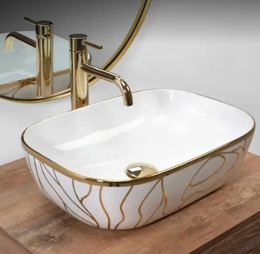 White Gold Square Porcelain Tabletop Wash Basin with Delicate Gold Vein Pattern, and Sleek Gold Trim