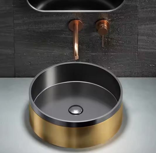Art Wash Basin Black and Gold Electroplated Porcelain Round Shape Countertop Basin for Bathroom Wash Basin Sink