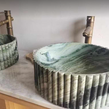 Artistic Fluted Designed Real Marble Green Countertop Sink Wash Basin Modern Style Edition