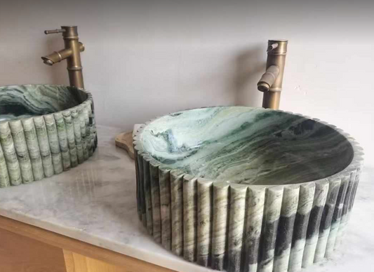 Artistic Fluted Designed Real Marble Green Countertop Sink Wash Basin Modern Style Edition