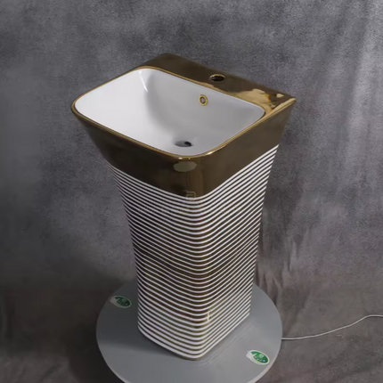 Stripe Stand Alone Gold White Electroplated Porcelain European Design Unique One Piece Gold Pedestal Basin Luxury Bathroom