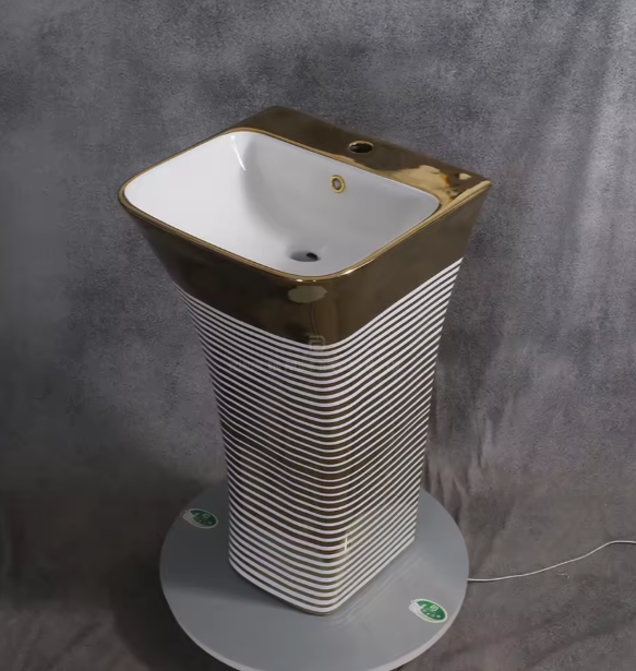 Stripe Stand Alone Gold White Electroplated Porcelain European Design Unique One Piece Gold Pedestal Basin Luxury Bathroom