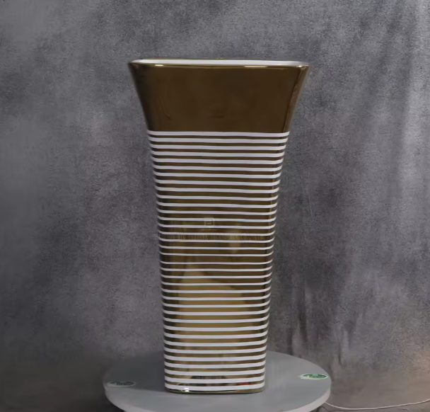 Stripe Stand Alone Gold White Electroplated Porcelain European Design Unique One Piece Gold Pedestal Basin Luxury Bathroom