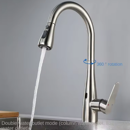 304 Stainless Steel Induction Kitchen Basin Faucet Wire-Drawn Pull-Out Rotating Tap