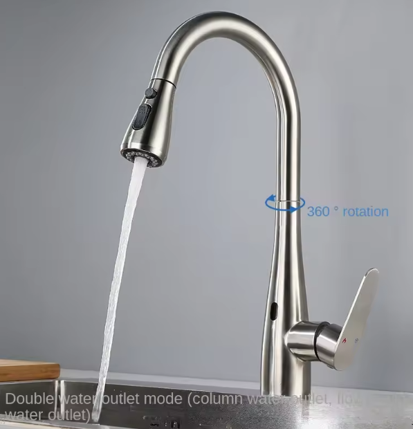 304 Stainless Steel Induction Kitchen Basin Faucet Wire-Drawn Pull-Out Rotating Tap