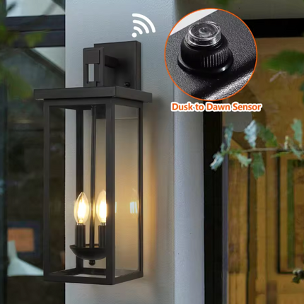 22-Inch Matte Black Dusk Dawn Outdoor Wall Lantern Clear Glass 2-Light Weatherproof Fixture