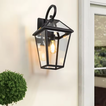 21-Inch Modern Outdoor Wall Lantern Black Metal and Clear Glass Sconce Water-Proof Aluminum Base
