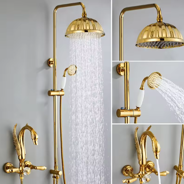Golden Swan Wall Mounted Faucet Dual Handle Brass Shower System with Polished Rain Shower Head