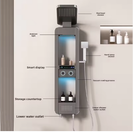 Ensemble de douche intelligent pour salle de bain avec rangement, jet doux et finition brossée. 
