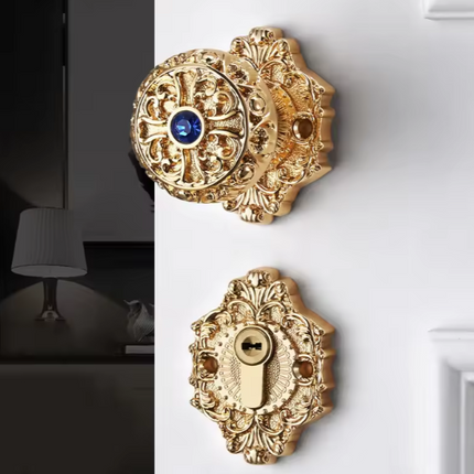 European Vintage Brass Door Lock Set – Luxury Carved Handle Gold Door Knob