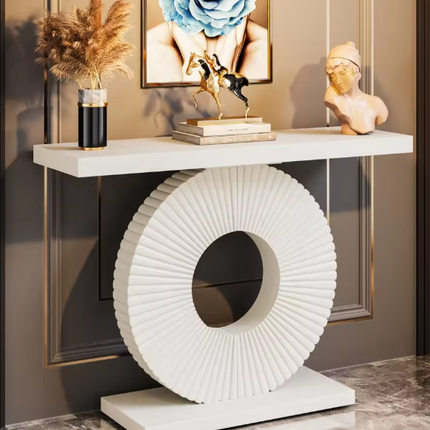 Modern Oak Wood Console Table with Geometric Metal Base