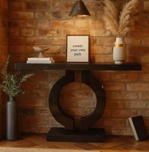 Load image into Gallery viewer, Modern Black Wooden Console Table with Bold Circular Base Contemporary
