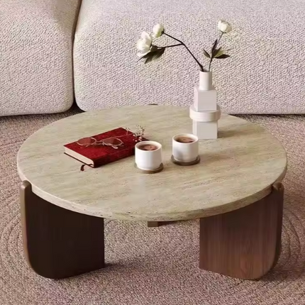 Modern Minimalist Round Coffee Table Luxury Stone Solid Wood Base