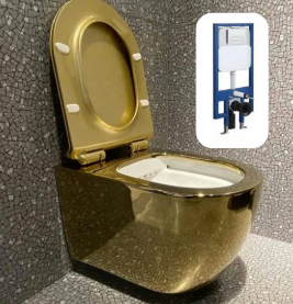 Gold Porcelain Electroplated Hanging Toilet Bowl Included System