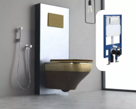 Modernes, quadratisches Luxus-WC aus schwarzem und goldfarbenem, galvanisiertem Porzellan, inspiriert von Versace, mit Kompostfunktion und wandhängender Konstruktion. 