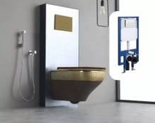 Load image into Gallery viewer, Toilet Bathroom Black and Gold Electroplated Porcelain Modern Square Luxury Versace Inspired Composting Wall Mounted Toilet Bathroom Rimless Wall Hung Toilet
