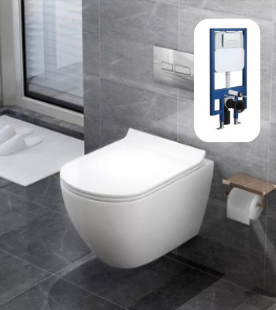 Hanging Toilet Bowl Porcelain White With Push Buttom And System Included