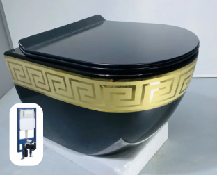 Italian Black and Gold Hanging toilet Versace Inspired Bathroom Toilet Bowl with System Included