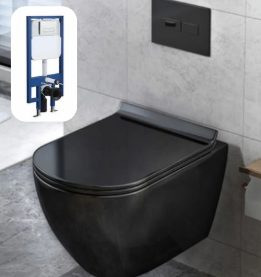 Hanging Wall Mounted Toilet Bowl Black with Wall Push Buttons
