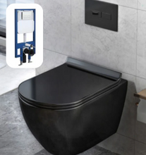 Load image into Gallery viewer, Hanging Wall Mounted Toilet Bowl Black with Wall Push Buttons
