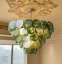 Load image into Gallery viewer, Modern Green Glass Disc Chandelier – Luxury Artistic Ceiling Light
