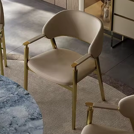 Luxury Beige Leather Dining Armchair with Gold Stainless Steel Frame