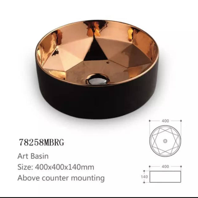 Mattschwarzes, roségoldenes Innenteil, luxuriöses Aufsatzwaschbecken für Badezimmer