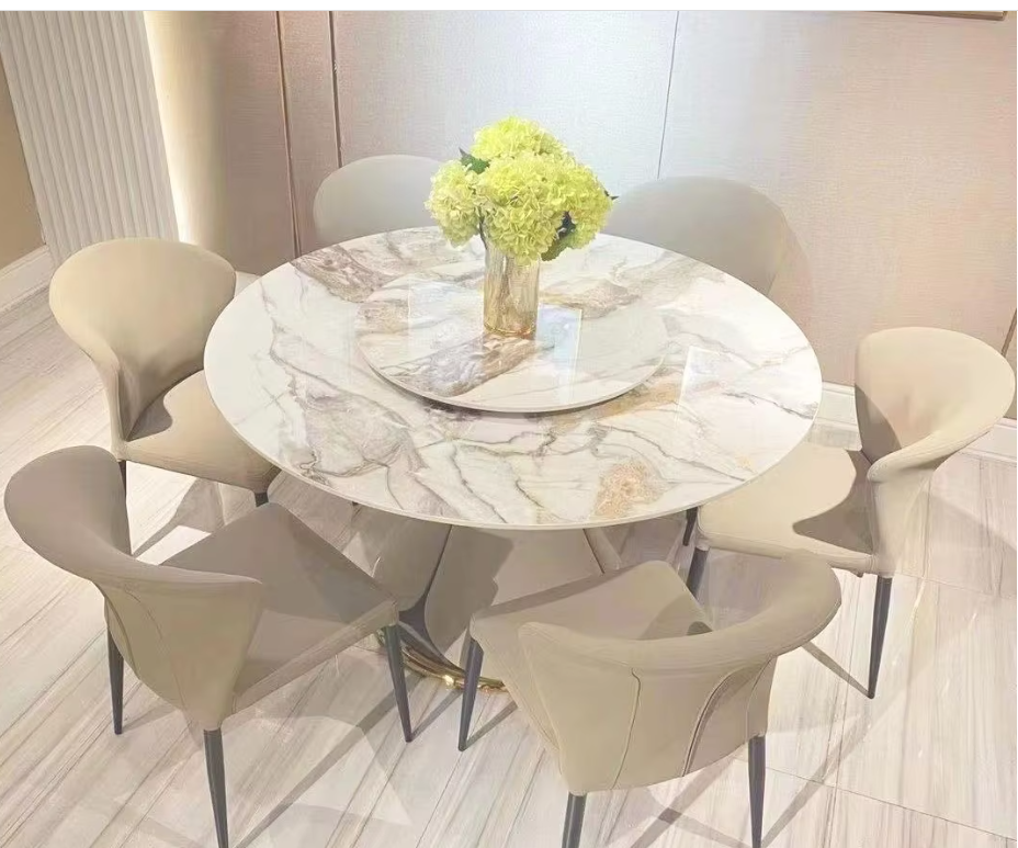Round Marble Top Dining Table Set with Metal Base – Modern Extendable 6-Seater Dining Room Furniture