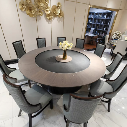 Luxury Solid Wood Electric Rotating Dining Table Desk with Genuine Leather – Large Modern Multi-Function Furniture