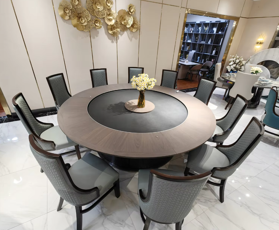 Luxury Solid Wood Electric Rotating Dining Table Desk with Genuine Leather – Large Modern Multi-Function Furniture