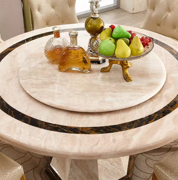Nordic Round Marble Dining Table with 6 Chairs – Luxury Solid Wood & Genuine Leather Dining Set