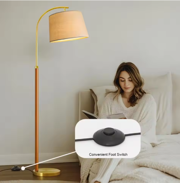 Mid-Century Modern Gold Arc Floor Lamp with Wood Stand