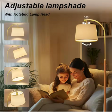 Mid-Century Modern Gold Arc Floor Lamp with Wood Stand