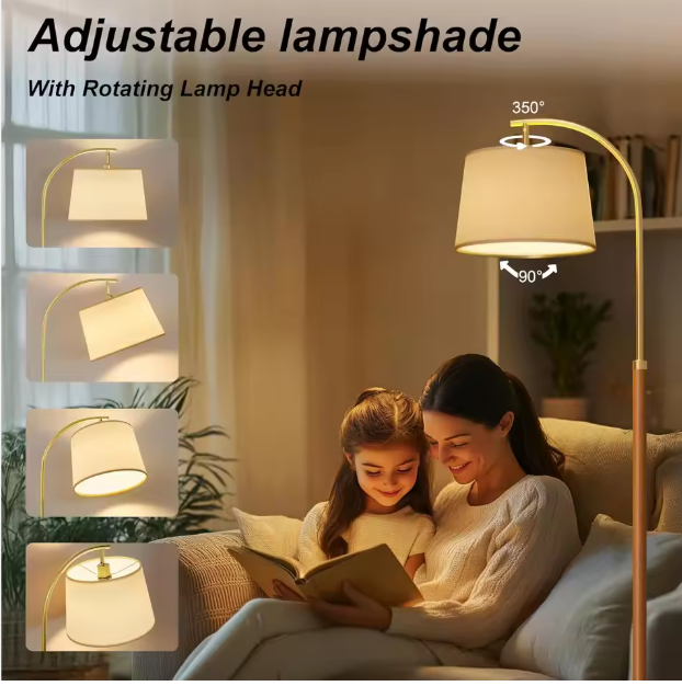 Mid-Century Modern Gold Arc Floor Lamp with Wood Stand