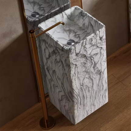 Natural Travertine Stone Pedestal Basin | Square Integrated Cuboid Bathroom Sink