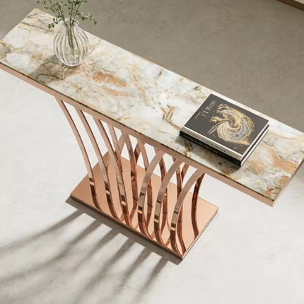 Luxury Marble Console Table Rose Gold Stainless Steel Base – Modern Entrance Table Console
