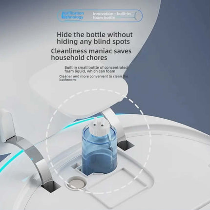 Cleaning robot with bottle of concentrated foam liquid inside, text about cleaning technology.
