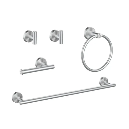 Set of stainless steel bathroom fixtures including towel hooks and a towel ring on a white background.